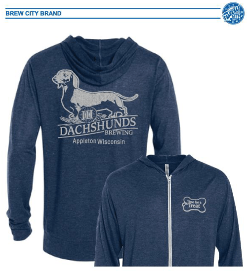 III Dachshunds Brewing Distressed Logo- Full Zipper Hoodie (New)! Navy Heather